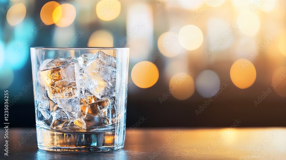 Poster glowing glass of ice cubes underneath sparkling ambient lights : generative ai