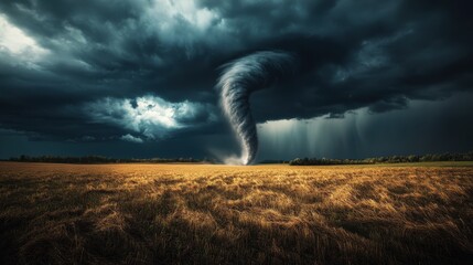 Dark storm clouds swirl above a tornado forming over a golden field during a late afternoon in a rural landscape