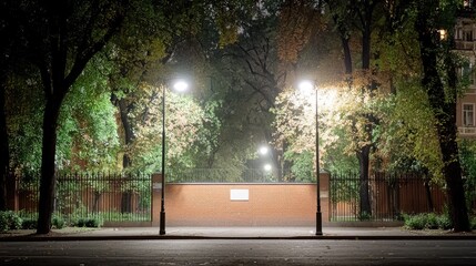 Obraz premium Night park entrance, brick wall, streetlights, autumn leaves
