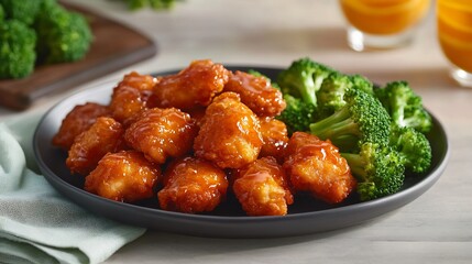 Fototapeta premium Serving of crispy orange chicken a tangy citrus glaze served with steamed broccoli