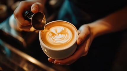 Barista skillfully pours latte art into a cup at a local coffee shop during a busy afternoon