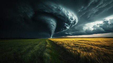 Dark storm clouds swirl above a tornado forming over a golden field during a late afternoon in a rural landscape