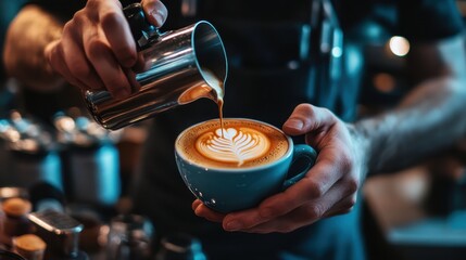 Barista skillfully pours latte art into a cup at a local coffee shop during a busy afternoon