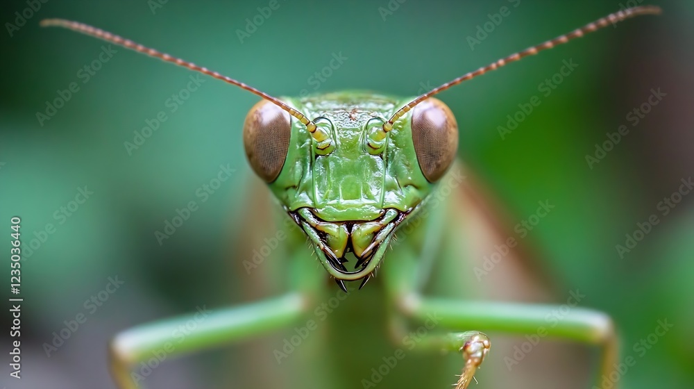 Aufkleber closeup of a praying mantis showing intricate facial features and green limbs : generative ai
