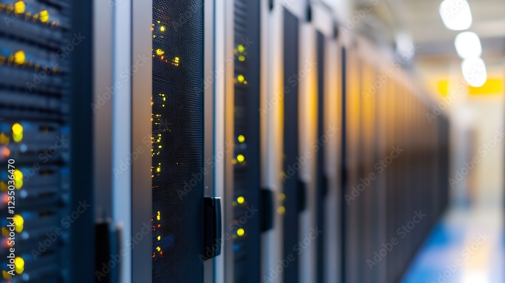 Poster Modern Data Center Server Racks with Illuminated LEDs in Blue : Generative AI