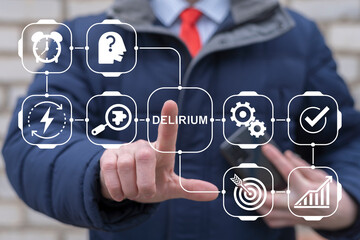 Business person working on virtual touch screen push button with text: DELIRIUM. Delirium...