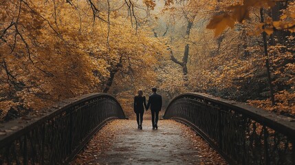 Couple walks hand in hand on a wooden bridge surrounded by autumn foliage during sunset