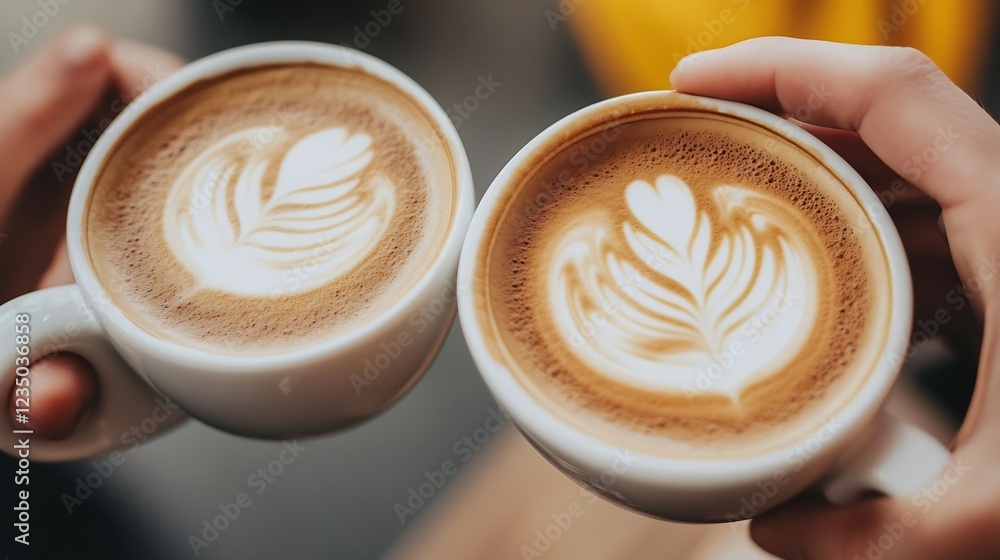 Poster Two Cups Displaying Beautifully Crafted Latte Art Creating Warm Cozy Atmosphere in Cafe Setting : Generative AI