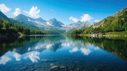 Majestic mountain landscape with serene lake reflecting the peaks during daytime