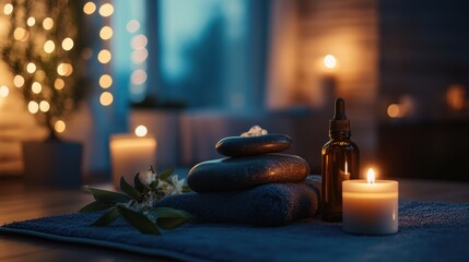 Relaxing spa setup with candles and stones in a cozy atmosphere during evening hours