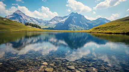 Majestic mountain landscape with serene lake reflecting the peaks during daytime