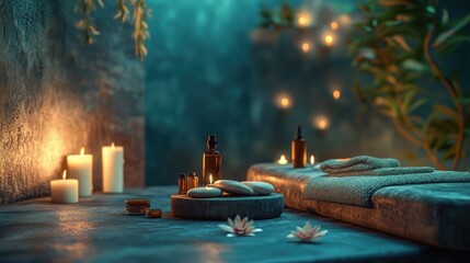 Relaxing spa setup with candles and stones in a cozy atmosphere during evening hours