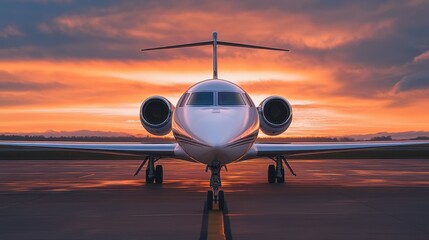 Luxury jet awaits departure under a colorful sunset sky at the airport