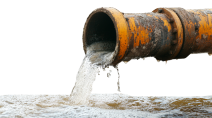 Rusty industrial pipe pouring wastewater into river on transparent background