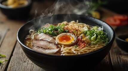 Delicious bowl of steaming ramen with toppings served on a wooden table in a cozy setting