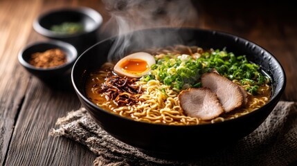 Delicious bowl of steaming ramen with toppings served on a wooden table in a cozy setting