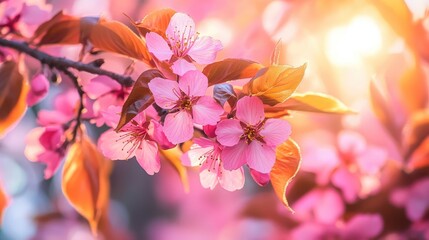 Cherry blossoms bloom beautifully in the warm sunlight of spring in a tranquil garden