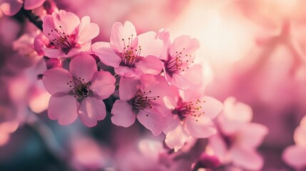 Cherry blossoms bloom beautifully in the warm sunlight of spring in a tranquil garden