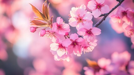 Cherry blossoms bloom beautifully in the warm sunlight of spring in a tranquil garden