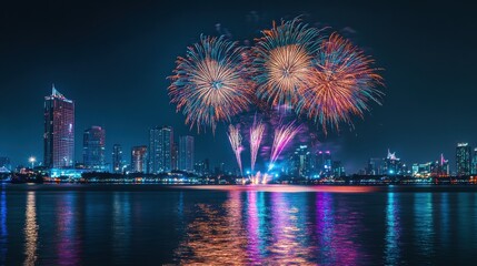 Spectacular fireworks illuminate the skyline of a vibrant city during a festive evening celebration near the waterfront
