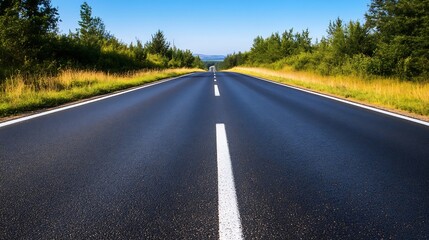 Empty Straight Asphalt Road Through Countryside Surrounded by Lush Trees : Generative AI