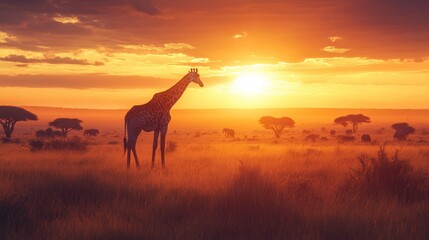 Giraffes and elephants stand tall in a golden savannah at sunset in Africa