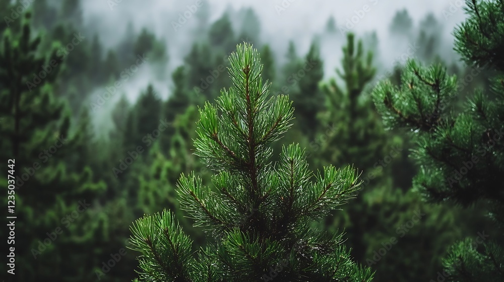 Poster dense misty pine forest capturing mystical atmosphere and untouched wilderness in tranquil morning f