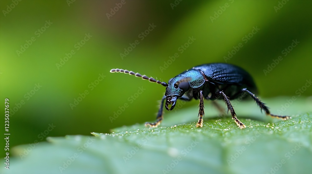Poster Closeup Macro Shot of Shiny Beetle on Leaf with Green Nature Background : Generative AI