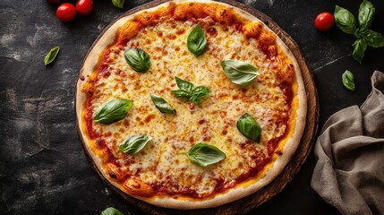 Freshly baked pizza topped with mozzarella cheese and basil leaves on a black stone surface in a vibrant kitchen setting