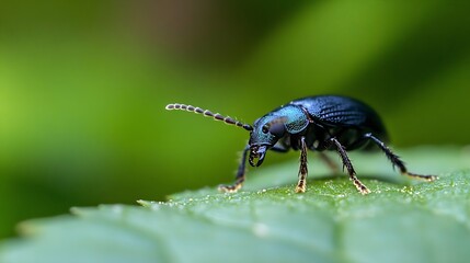 Closeup Macro Shot of Shiny Beetle on Leaf with Green Nature Background : Generative AI