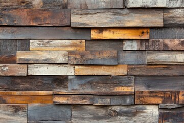 Naklejka premium Textured Weathered Wall with Metallic Elements . A wooden wall featuring a distinct square pattern, showcasing natural textures and warm tones.