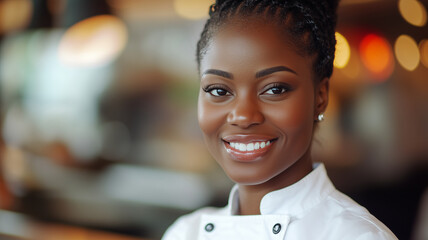 happy African American female chef smiling in kitchen setting, showcasing her culinary passion and professionalism. Her bright smile adds warmth to atmosphere