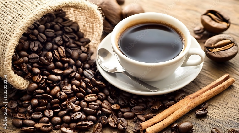 Poster freshly brewed coffee with aroma beans and rustic cinnamon sticks on wooden table : generative ai