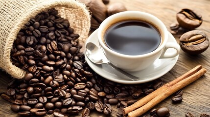 Freshly Brewed Coffee with Aroma Beans and Rustic Cinnamon Sticks on Wooden Table : Generative AI