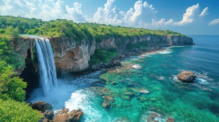 Coastal waterfall cascades into turquoise ocean, sunny day