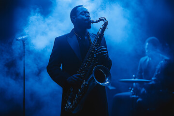 Silhouettes of jazz musicians performing on stage with saxophonist in blue smoke, creating captivating atmosphere