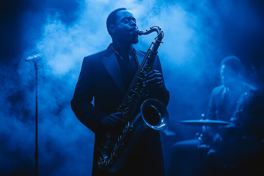 Silhouettes of jazz musicians performing on stage with saxophonist in blue smoke, creating captivating atmosphere
