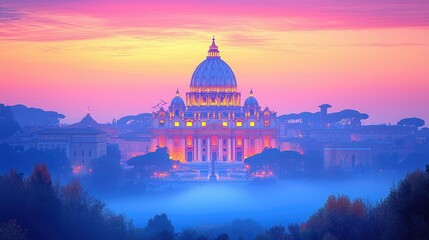 Fototapeta premium St Peters Basilica at Sunrise in a Misty Dawn