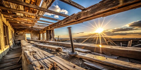 A solitary nail protrudes from a weathered wooden floor, framed by the remnants of a collapsed roof against a backdrop of a vibrant sunset.
