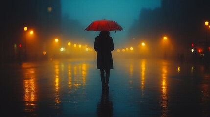Lonely figure walks through rainy streets under a red umbrella in a foggy city at night