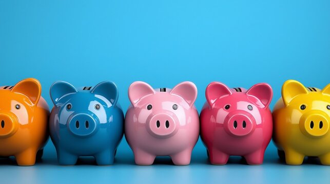 Colorful array of piggy banks displayed against a vibrant blue background showcasing savings and investment themes