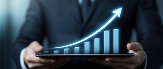 Businessman presenting digital tablet showing upward trend in financial growth with glowing graphics
