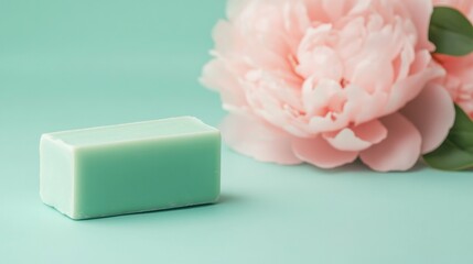 A light green bar of soap rests near a delicate pink peony blossom.