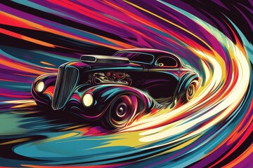 Classic Hot Rod Speeding Through Colorful Abstract Vortex