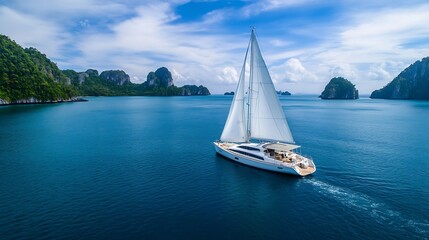 Luxury Yacht Gliding Through Idyllic Tropical Island Seascape : Generative AI