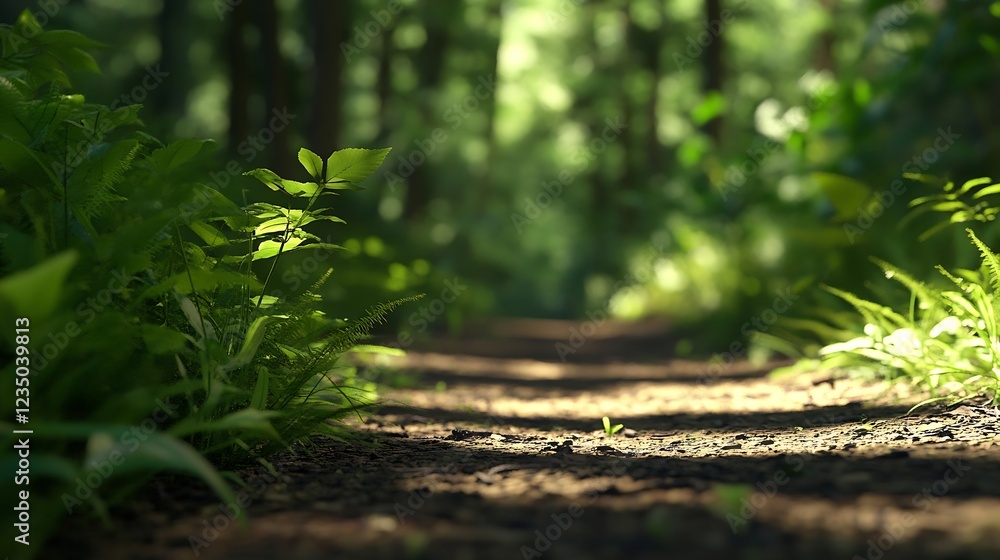 Poster serene forest pathway with lush greenery and soft sunlight on a dirt trail : generative ai