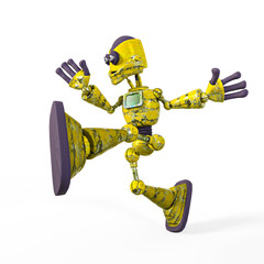 rusty cartoon robot is walking in white background on side view
