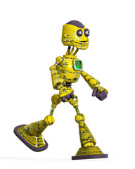 rusty cartoon robot is walking in white background