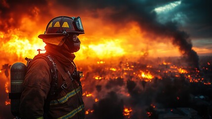 Naklejka premium a firefighter standing at city street with fire flame background
