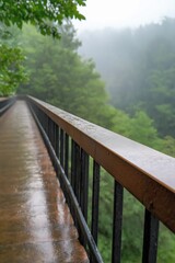 Obraz premium A bridge over a forest with rain falling on it. The rain is coming down in a steady stream, creating a peaceful atmosphere